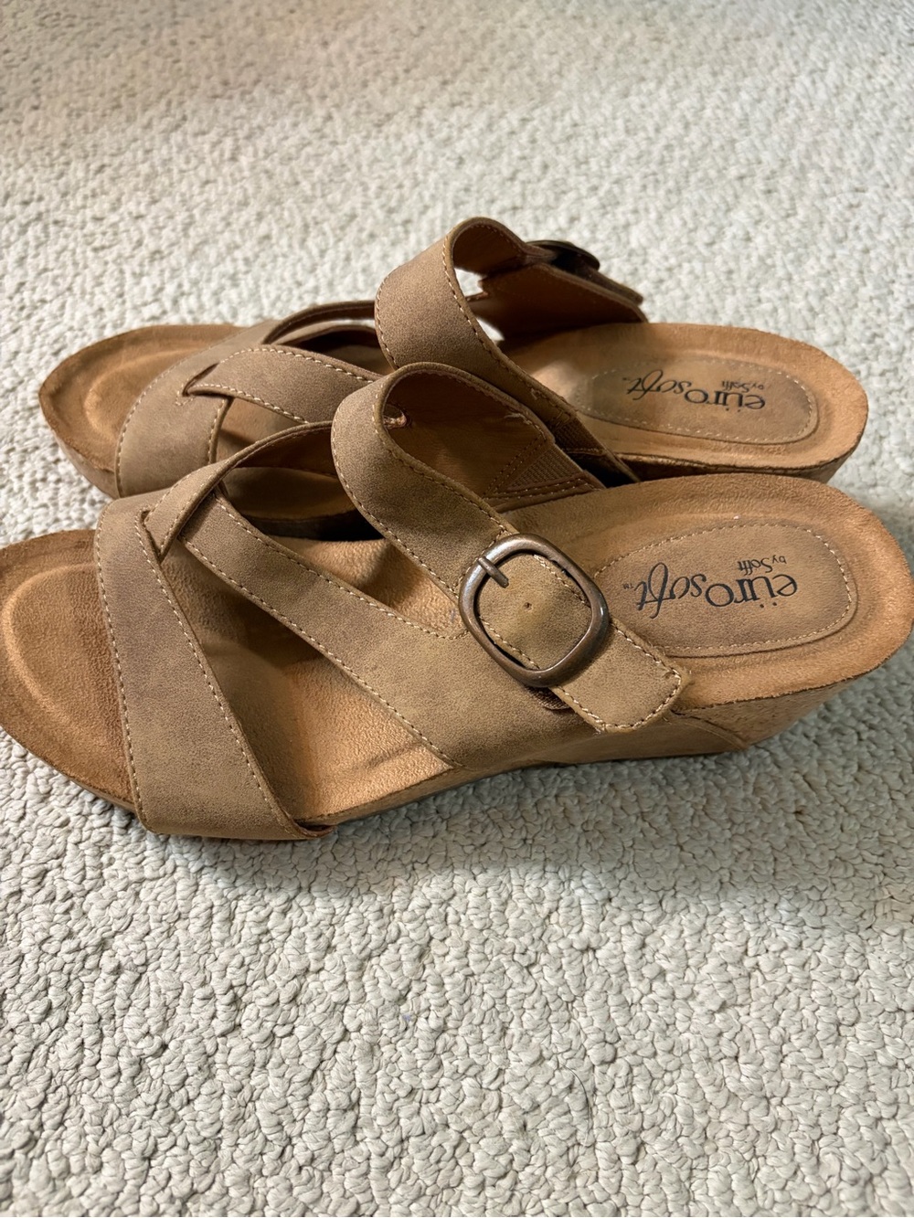 EuroSoft Tan Wedge Slide Sandals with Buckle Detail